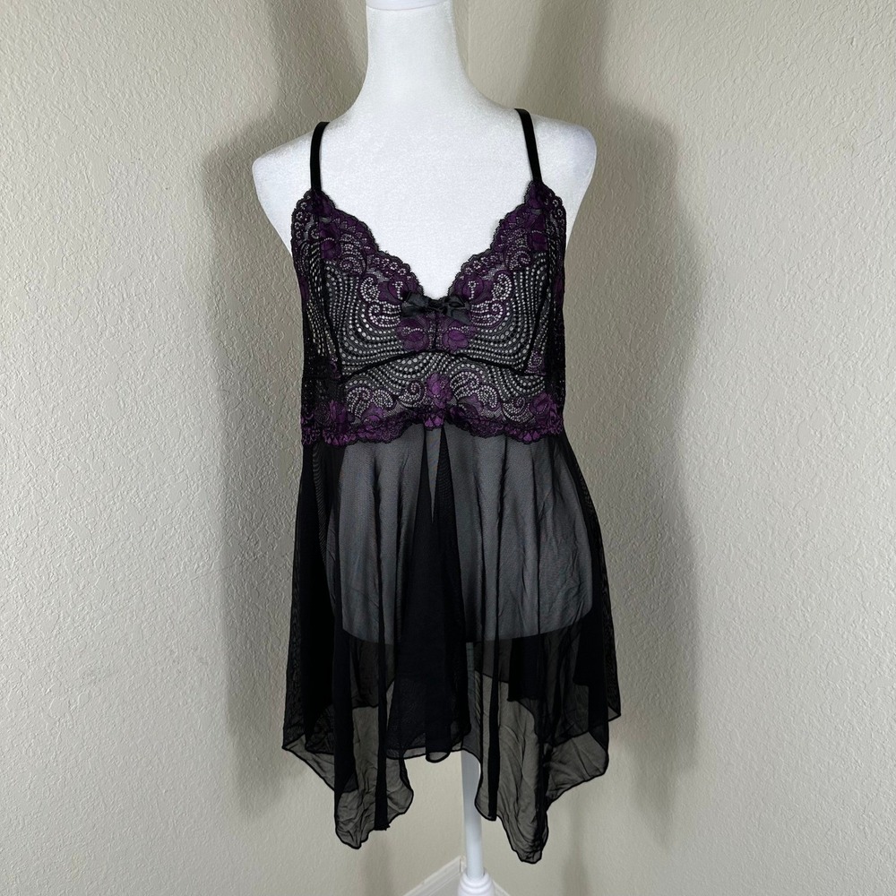 Babydoll Chemise Women M Black Purple Lace Mesh Gothic Coquette